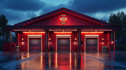 A fire station with a bold 3D front featuring firefighter motifs and emblems. 3d firefighter. Illustrations
