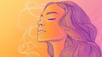 Line art illustration featuring a warm gradient design of a serene woman in a cartoon style