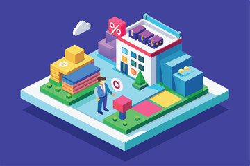 A detailed isometric illustration showcasing a shopping area with discount signs, customizable elements, and a person engaging in a sale activity.