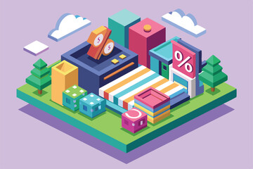Stylized isometric representation of a colorful discount-themed shopping area with various geometric shapes and signs, set in a whimsical landscape.