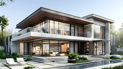 Black and white sketch of a modern luxurious house, concept of architectural design, home planning, architectural drawing