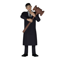 Obraz premium Judge's Daily Routine in 3D. A male judge walks with both hands holding a large court hammer in front of his body. Male Cartoon