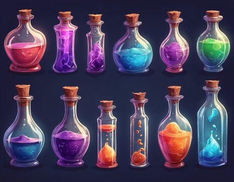 Colorful potion bottles with magical liquids and wooden stoppers on dark background in artistic style
