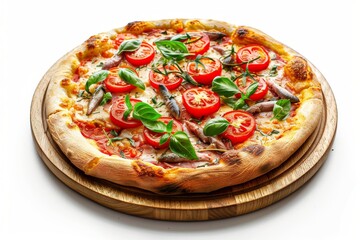Pizza Marinara with Anchovy. Traditional Italian Anchovy Flatbread with Cherry Tomatoes