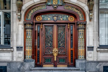 Fototapeta premium Vintage Door, Art Deco Enter, Luxury Elevator Door, Ornate Gate, Art Nouveau Architecture, Copy Space
