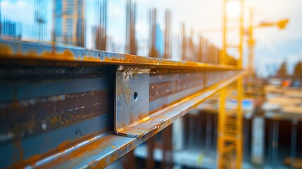 Close-up of a steel beam being lifted by a crane in a construction site, symbolizing the sale and transportation of steel in a construction project, with a shiny metallic surface reflecting