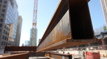Close-up of a steel beam being lifted by a crane in a construction site, symbolizing the sale and transportation of steel in a construction project, with a shiny metallic surface reflecting