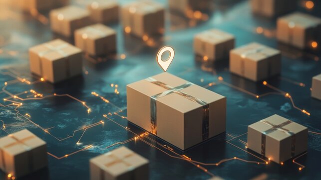 Global Logistics Network Concept. Cardboard Boxes with Navigation Symbol