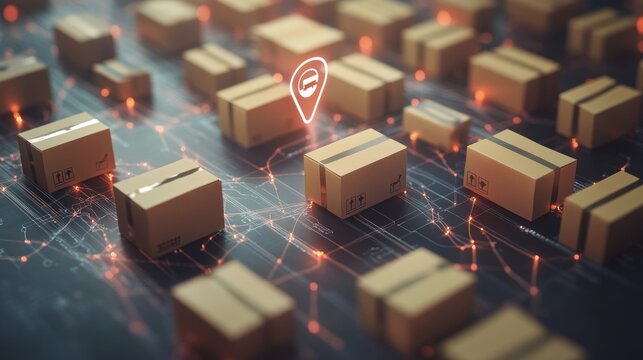 Global Logistics Network Concept. Cardboard Boxes with Navigation Symbol