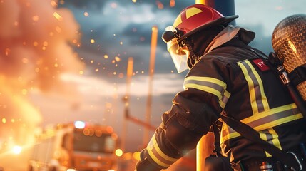 Firefighter is ready for action. Emergency response, bravery, and readiness in firefighting profession.