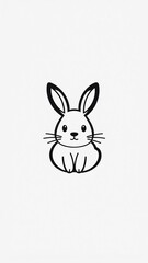 Cute cartoon rabbit sitting calmly with big ears, drawn in simple black and white style, perfect for illustrations and designs