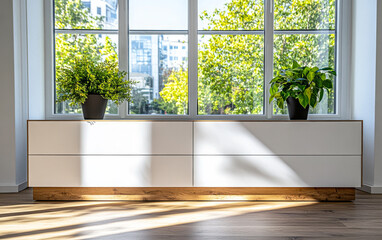 Fototapeta premium Modern minimalistic cabinet beside large windows with plants in a bright, sunlit room during the day