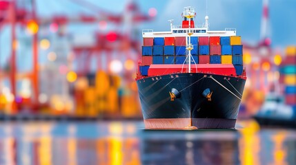 A large cargo ship docked at a port, with containers stacked high and cranes idle in the background.
