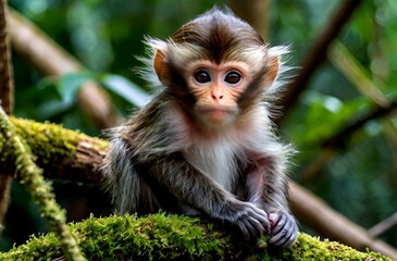 Fototapeta premium Scene of a small monkey with an innocent and beautiful face on a tree in a forest