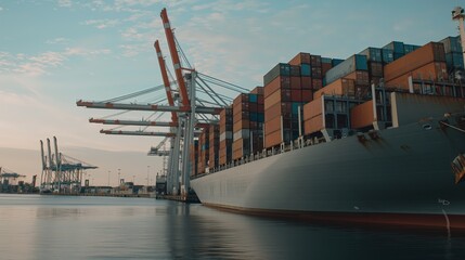 A large cargo ship docked at a port, with containers stacked high and cranes idle in the background.