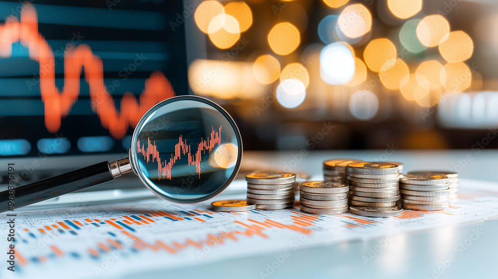 Poster magnifying glass hovers over financial data and graphs, emphasizing importance of analysis in invest