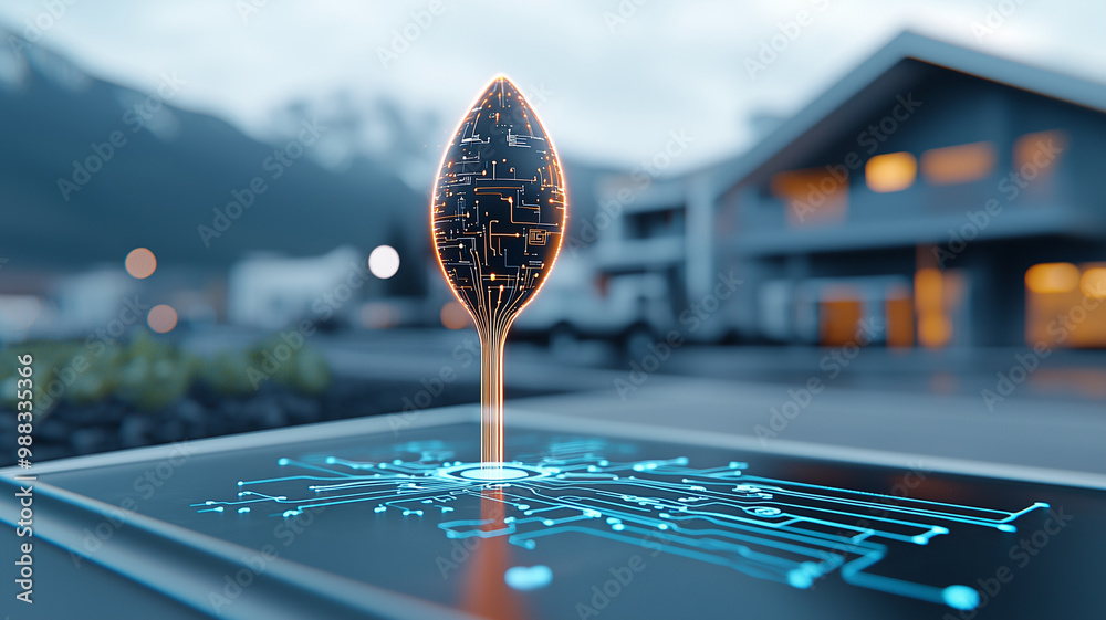 Poster futuristic image of glowing leaf sprouting from circuit board, symbolizing fusion of nature and technology. This vibrant scene captures essence of innovation and sustainability
