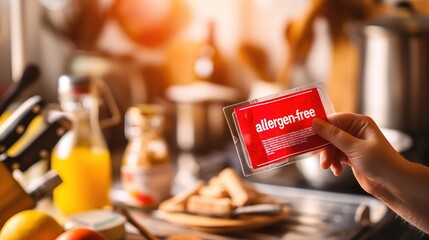 Close-up of hand holding small red allergen-free label on food package, highlighting importance of allergen awareness and safety in food consumption.