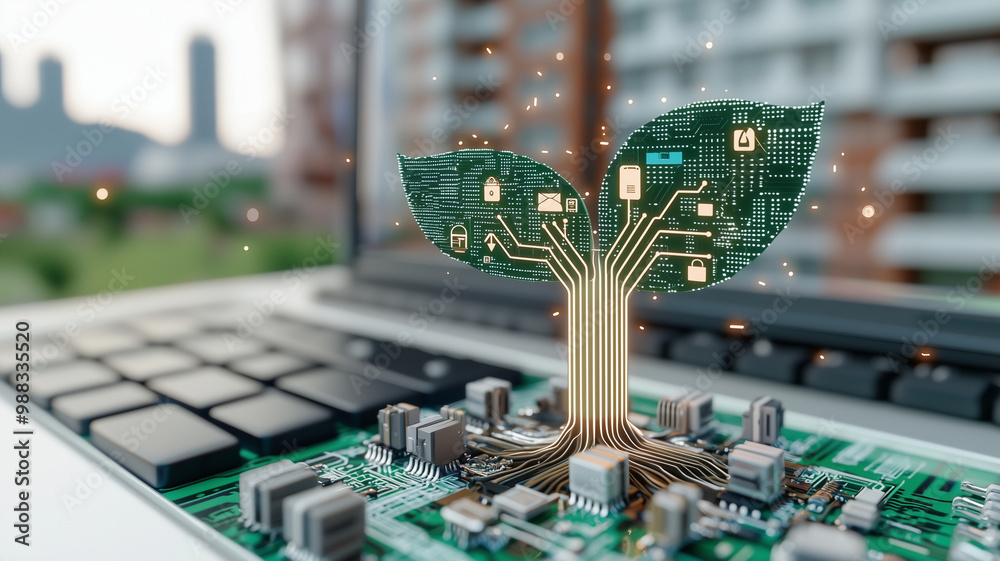 Poster digital representation of plant growing from circuit board, symbolizing fusion of technology and nat
