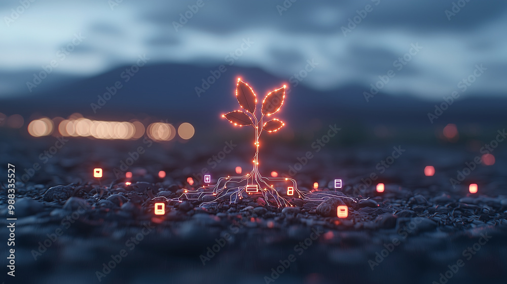 Aufkleber small seed sprouting with glowing circuits symbolizes growth and innovation in digital landscape. vi
