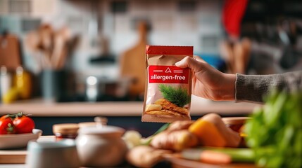 Close-up of hand holding small red allergen-free label on food package, highlighting importance of allergen awareness and safety in food consumption.