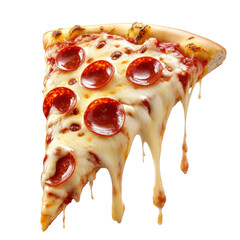 Stylized pizza slice with melting cheese and pepperoni.