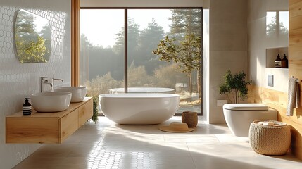 A sleek Scandinavian bathroom with white hexagonal tiles, light wood accents, and a minimalist design. The natural lighting enhances the clean lines and modern aesthetic,