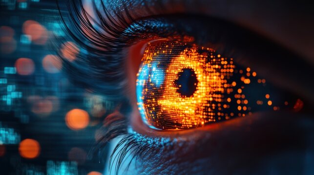 A mechanical eye scan of the volatile stock market is a graphic representation of cutting-edge technology, advancements, business facilities, and stock trading.