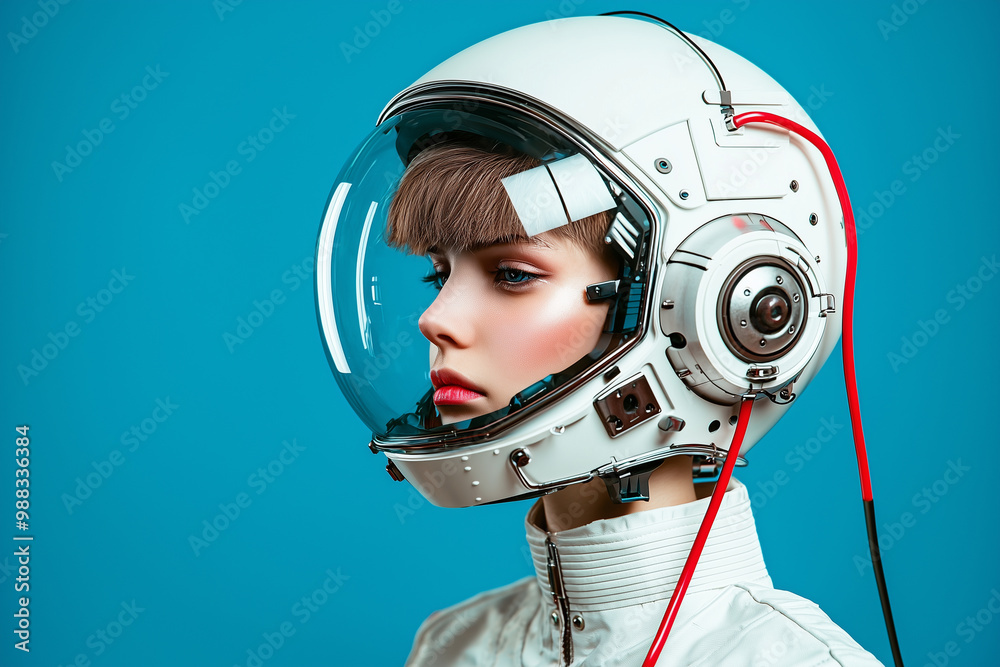 Poster futuristic astronaut with sleek white helmet and striking blue background. design features clear vis