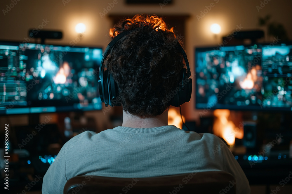 Poster focused man with curly hair is immersed in gaming setup, wearing headphones and surrounded by multip