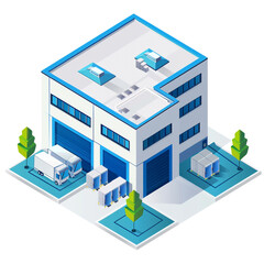 Warehouse Building with Trucks and Containers