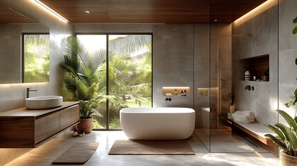 A spa-inspired Scandinavian bathroom with smooth stone floors, soft lighting, and wooden accents. The natural textures and minimalist design create a calming, luxurious atmosphere,