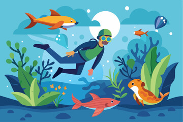 Obraz premium A diver explores a lively underwater world surrounded by various fish and aquatic plants, showcasing the beauty of marine ecosystems.