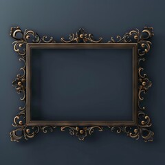 Rectangular ornate golden frame with baroque detailing on dark blue wall