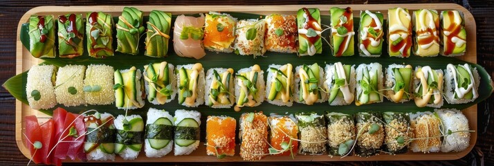 Fototapeta premium Various Maki Sushi Big Set, Norimaki Rolles Collection on Wooden Plate Top View