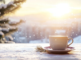 Coffee cup on the table in winter