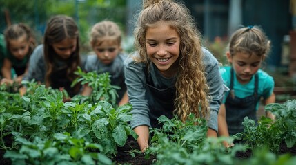 Fototapeta premium group of small school kids with teacher standing in circle in class planting herbs
