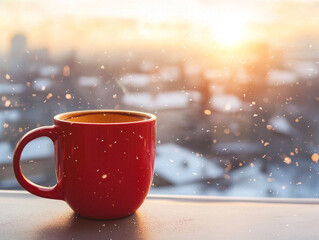 Coffee cup on the table in winter