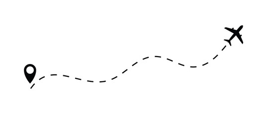 The plane icon follow from start pin point to finish by dashed line. Airplane dashed line path flat style design isolated on white background. Airplane route trace flight air map.
