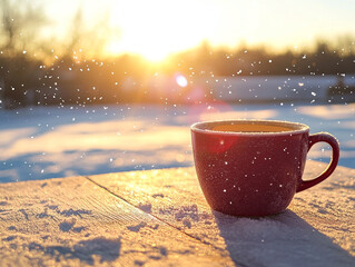 Coffee cup on the table in winter