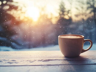Coffee cup on the table in winter