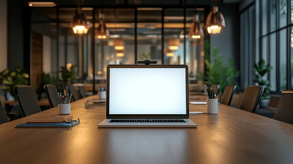 Blank screen laptop computer with opened lid on table in meeting room of office workspace. Generative AI