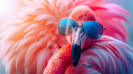 A flamingo with sunglasses on a soft pastel background