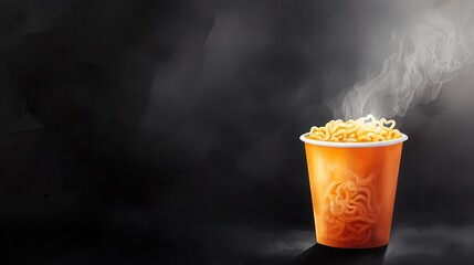 Instant noodles in a cup, steaming quick meal, watercolor style