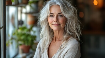Fototapeta premium portrait of senior woman standing at home looking out of window