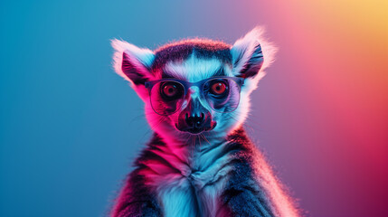 A ring tailed lemur with sunglasses in front of a neon colorful background