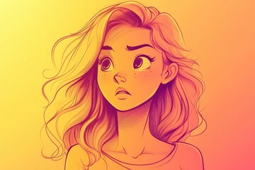 Line art illustration featuring a warm gradient drawing of a cartoon girl with a squinting expression