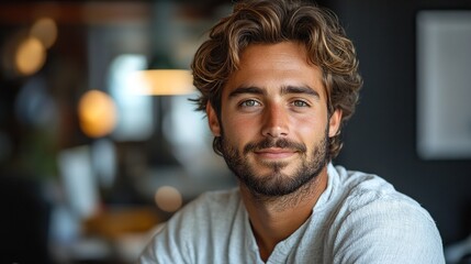 Obraz premium portrait of young businessman with computer in an office looking at camera