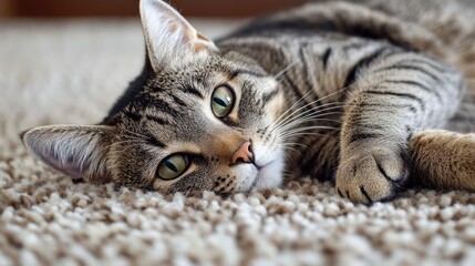 A close-up photo of a tabby cat lying down. This image is perfect for websites or social media posts promoting pet products or services.
