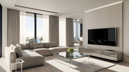 Fototapeta premium /imagine: A sleek living room with neutral tones, featuring a plush L-shaped sofa, a glass coffee table, and a wall-mounted flat-screen TV, bathed in natural sunlight from large floor-to-ceiling windo